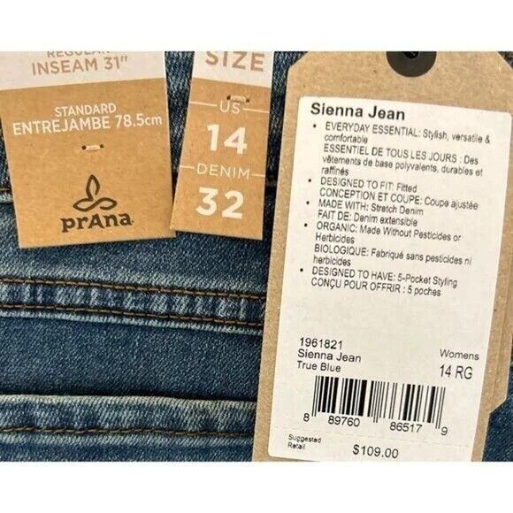 NWT prAna Sienna Skinny Stretch Cotton Mid Rise Jeans 14 / 32 True Blue #3215 - Picture 7 of 14
